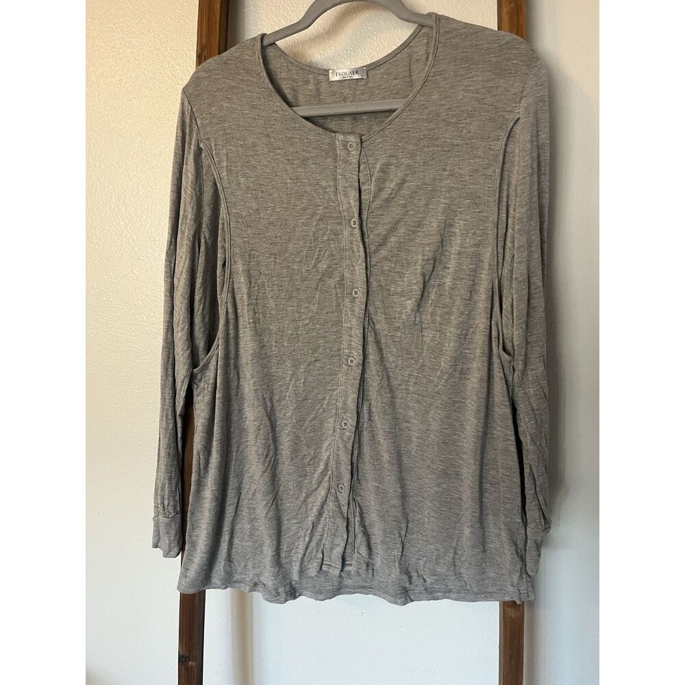Ekouaer Gray Knit Nursing Pajama Top Button Long Sleeve Women's L